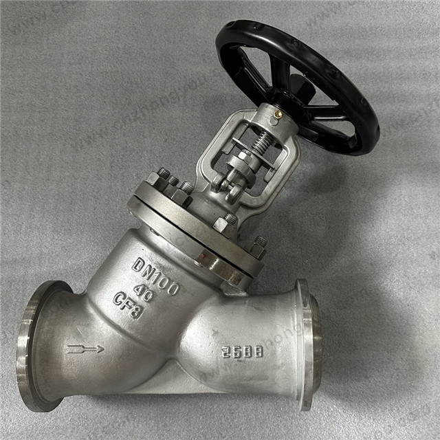 Bellow Sealed Y Pattern Globe Valve, DN100 PN40, ASTM A351 CF8 Body, ASTM A182 F304 Disc, BW Ends, Manual