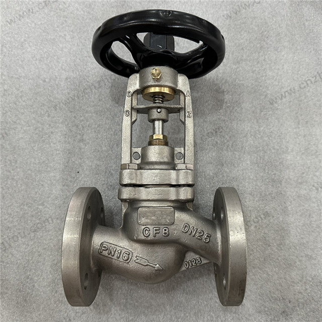 S Type Bellow Sealed Globe Valve, DN25 PN16, ASTM A351 CF8 Body, ASTM A182 F304+PTFE Disc, Flange Ends
